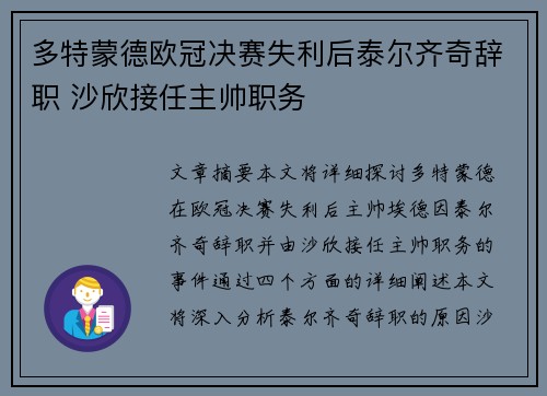 多特蒙德欧冠决赛失利后泰尔齐奇辞职 沙欣接任主帅职务